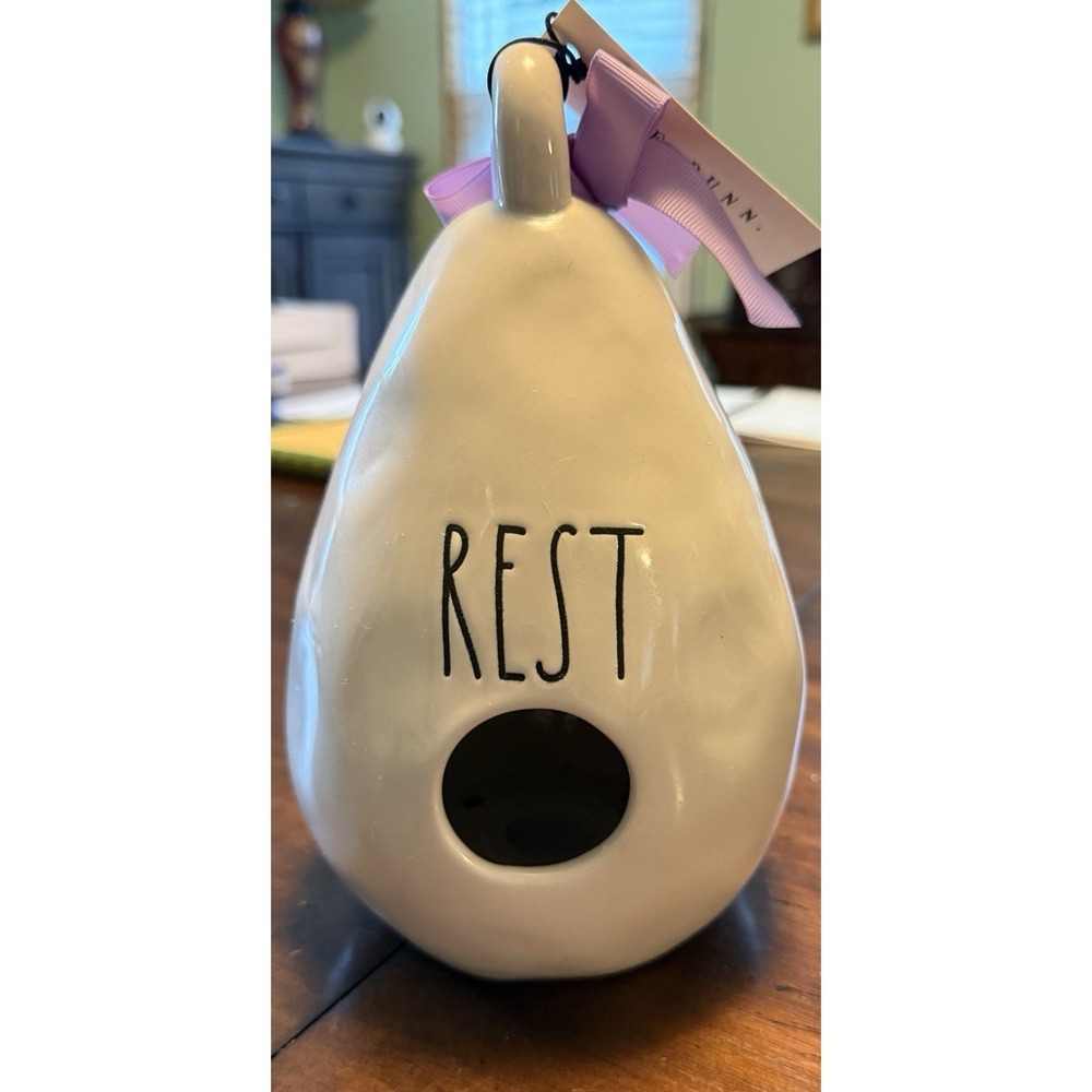 Rae Dunn "REST" Tear Drop Ceramic Bird House w/Colorful Butterflies & Tag